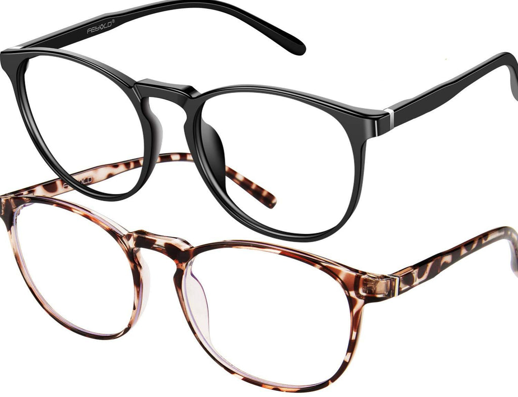  [AUSTRALIA] - FEIYOLD Blue Light Blocking Glasses Women/Men,Retro Round Anti Eyestrain Computer Gaming Glasses(2Pack) Black+leopard