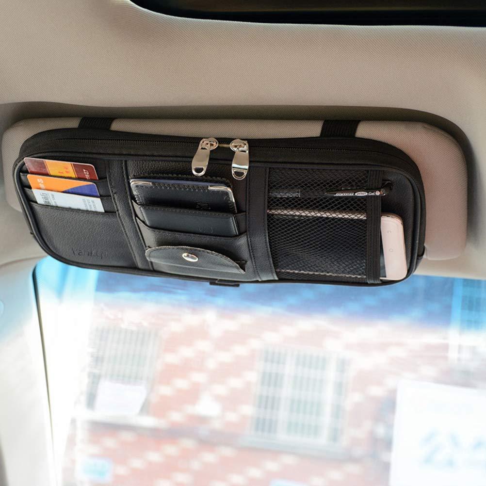  [AUSTRALIA] - Car Sun Visor Organizer, Vankcp Auto Interior Accessories Sunglass Pen CD Card Small Document Storage Pouch Holder, PU Leather, Multi-Pocket with Zipper Net (Black) Black