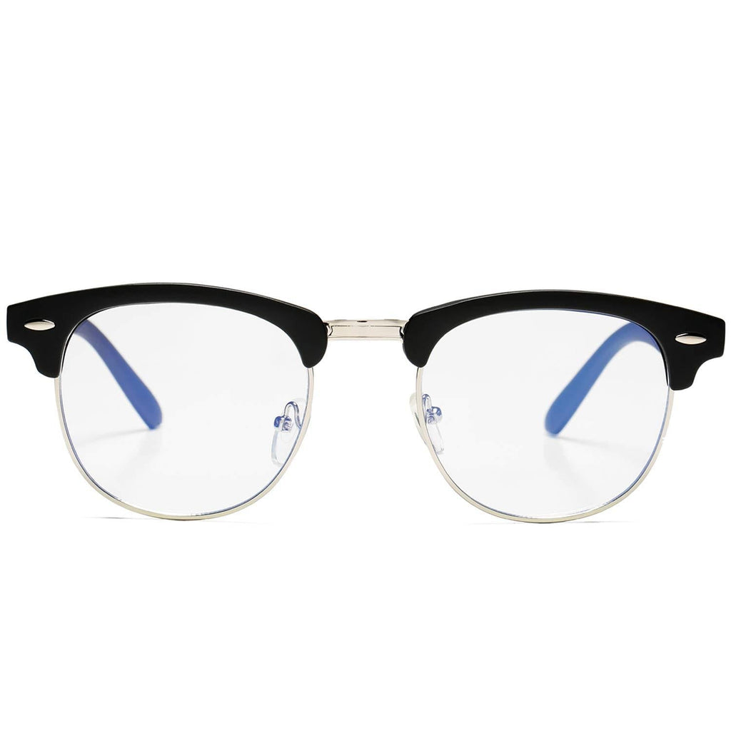  [AUSTRALIA] - AZORB Retro Blue Light Blocking Glasses Semi-Rimless Clear Lens Computer Eyeglasses Frame Horn Rimmed 01 Matte Black/Silver 52 Millimeters