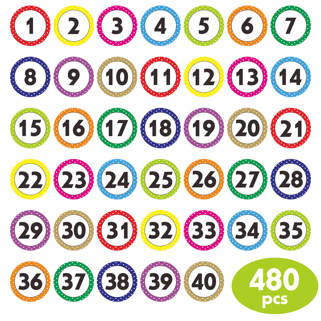  [AUSTRALIA] - 480 PCS Polka Dot 1-40 Numbers Stickers for Office, Classroom, Organizing (Each Measures 1" in Diameter)