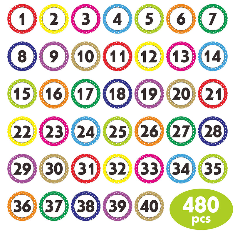  [AUSTRALIA] - 480 PCS Polka Dot 1-40 Numbers Stickers for Office, Classroom, Organizing (Each Measures 1" in Diameter)