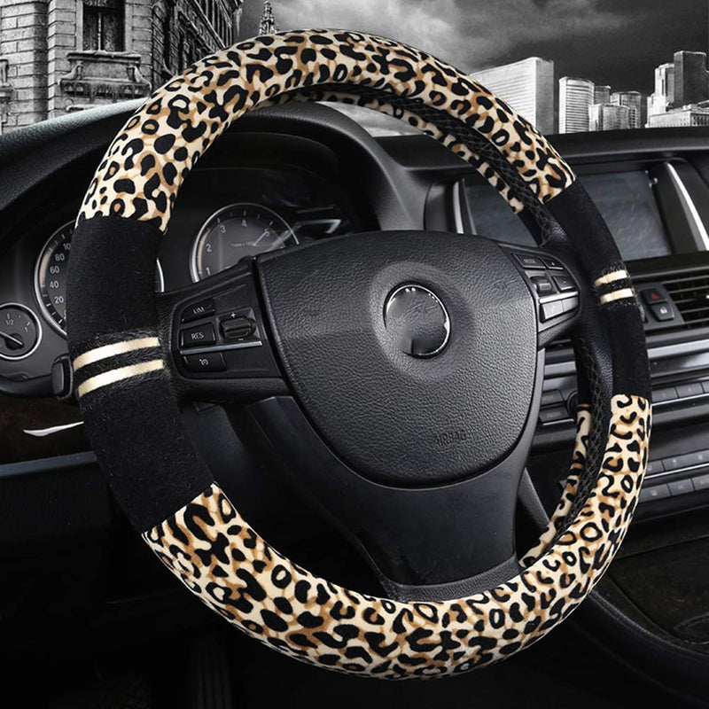  [AUSTRALIA] - Forala Plush Car Steering Wheel Cover Luxurious Leopard Print Universal Fit for Car SUV Warm Soft Anti-Slip (Beige) (Yellow) Yellow