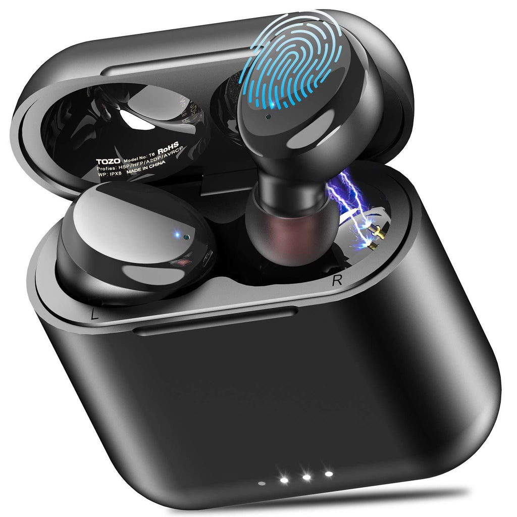  [AUSTRALIA] - TOZO T6 True Wireless Earbuds Bluetooth Headphones Touch Control with Wireless Charging Case IPX8 Waterproof Stereo Earphones in-Ear Built-in Mic Headset Premium Deep Bass for Sport Black Small