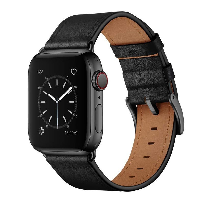 OUHENG Compatible with Apple Watch Band 40mm 38mm, Genuine Leather Band Replacement Strap Compatible with Apple Watch Series 6/5/4/3/2/1/SE, Black Band with Black Adapter Black/Black 38mm/40mm - LeoForward Australia