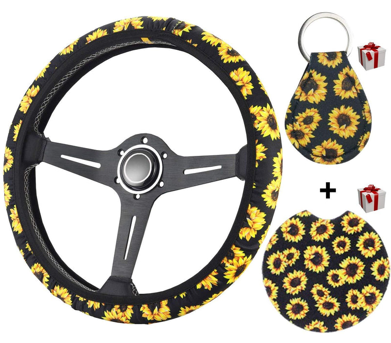  [AUSTRALIA] - Zadin Sunflower Steering Wheel Cover for Women- Trendy and Fashionable Sunflower Steering Wheel Cover with Cute Sunflowers Quarter Keyring and Sunflower Car Cup Coaster, Sunflower Car Accessories