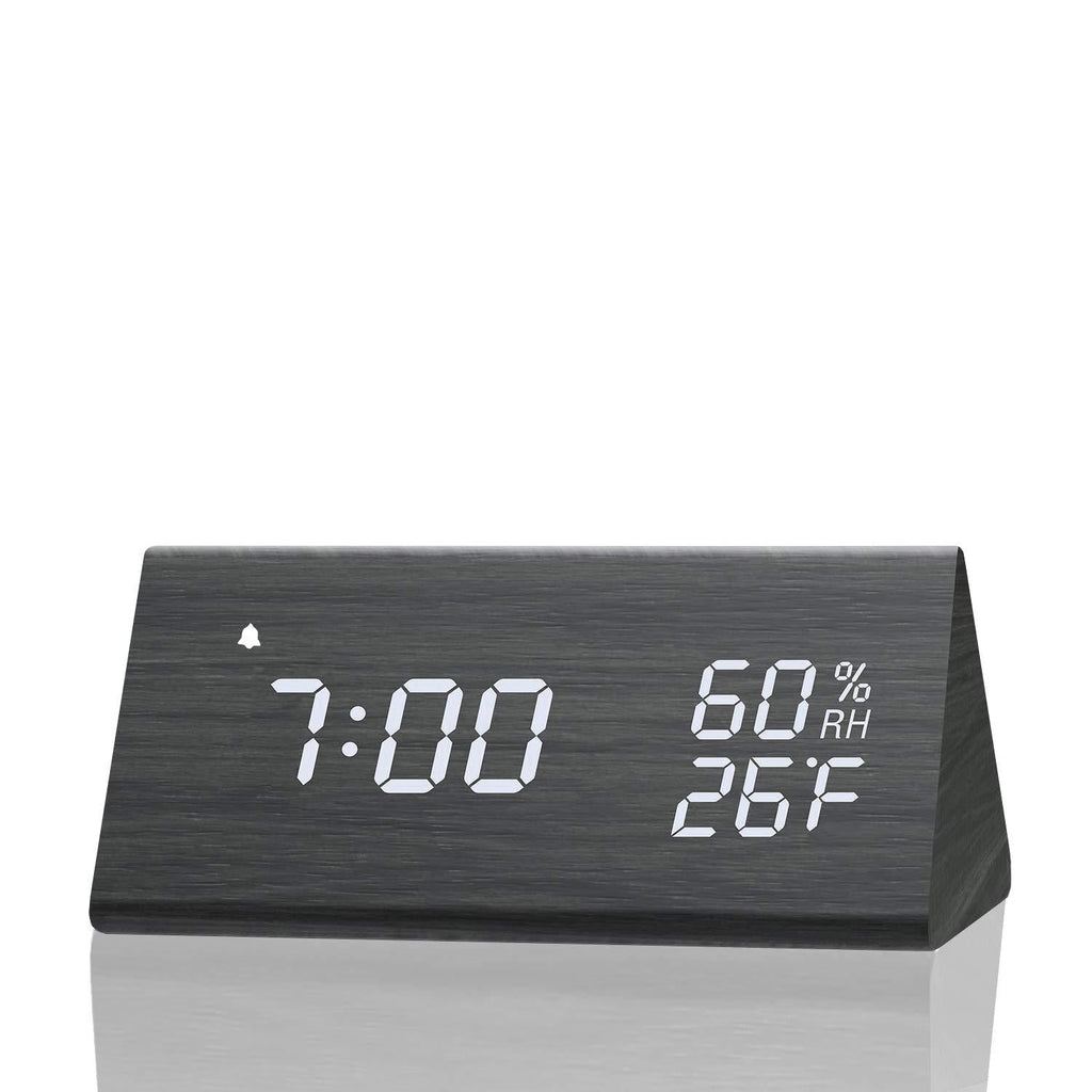  [AUSTRALIA] - Digital Alarm Clock, with Wooden Electronic LED Time Display, 3 Alarm Settings, Humidity & Temperature Detect, Wood Made Electric Clocks for Bedroom, Bedside, Black