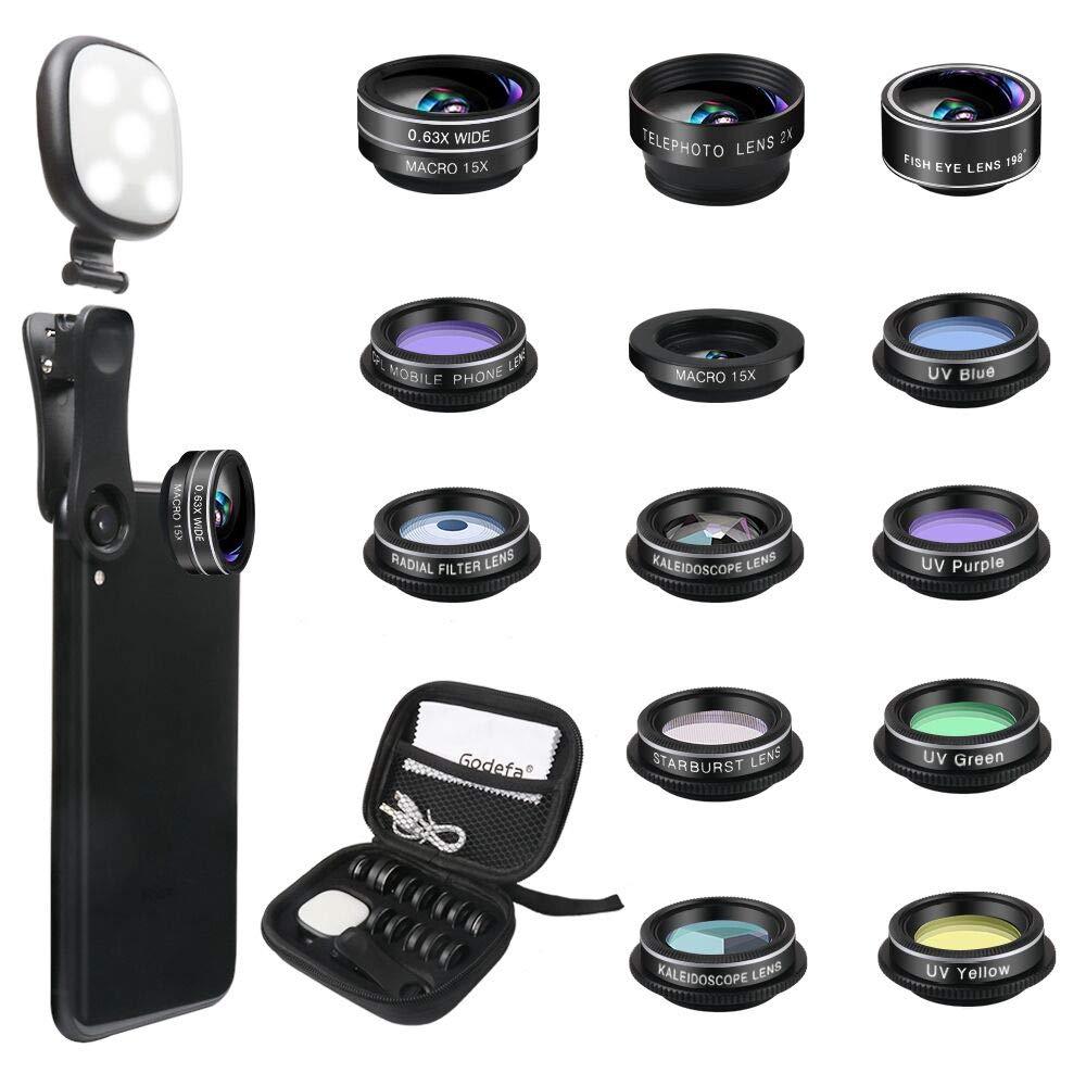  [AUSTRALIA] - Godefa Phone Camera Lens Kit, 14 in 1 Lenses with Selfie Ring Light for iPhone 12, 11, Xs, Xr,8 7 6s Plus, Samsung and Other Andriod Smartphone, Universal Clip on Wide Angle+Macro+ Zoom Camera Lenses