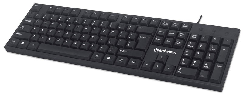  [AUSTRALIA] - Manhattan Wired Computer Keyboard, Black – Basic Keyboard - with 5ft USB-A Cable, 104-keys, Foldable Stands - Compatible for Windows, PC, Laptop - 3 Year Warranty - 179324