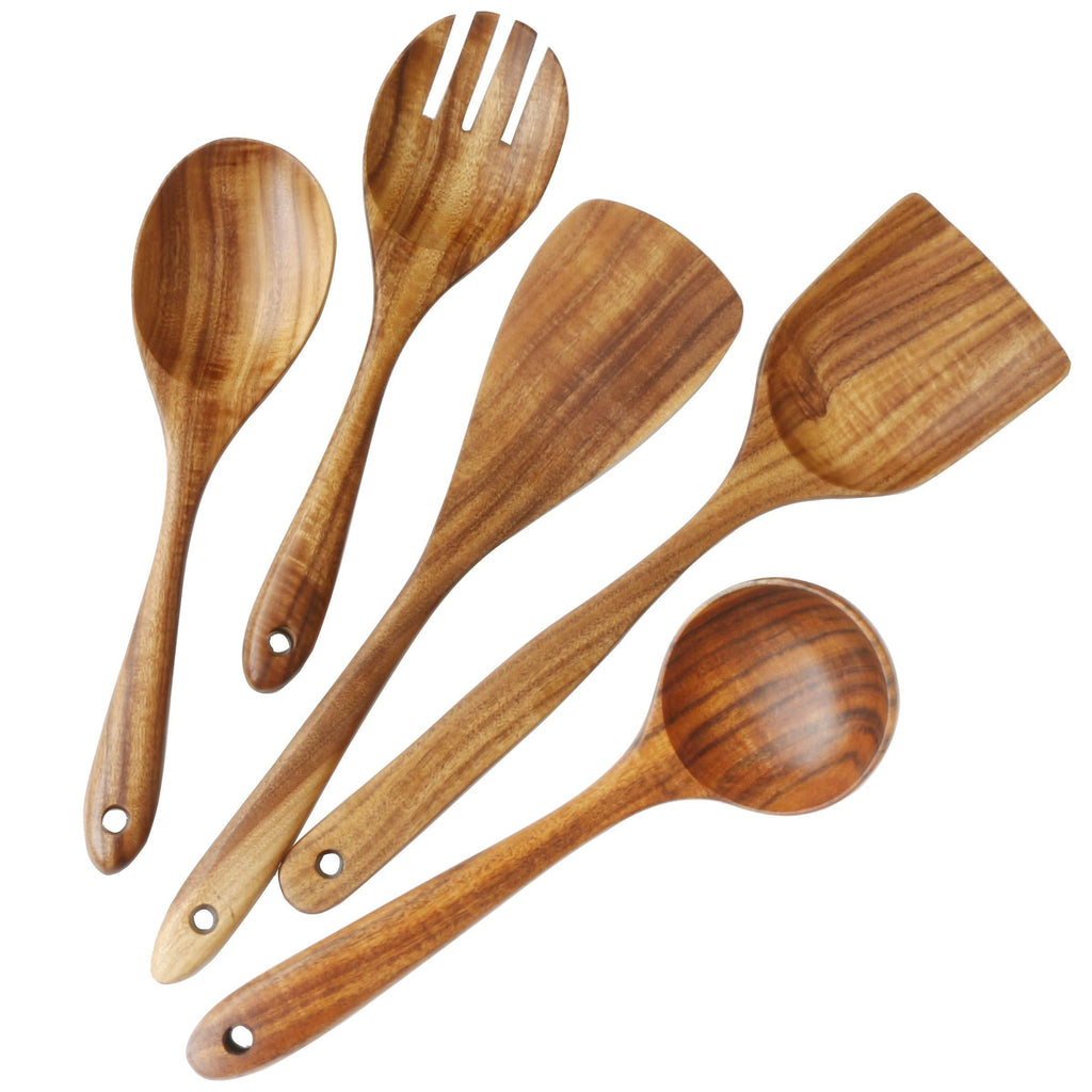  [AUSTRALIA] - Wooden Spoons for Cooking, ADLORYEA Wood Utensils Set for Nonstick Cookware, 100% Handmade by Natural Teak Wood Without Any Painting