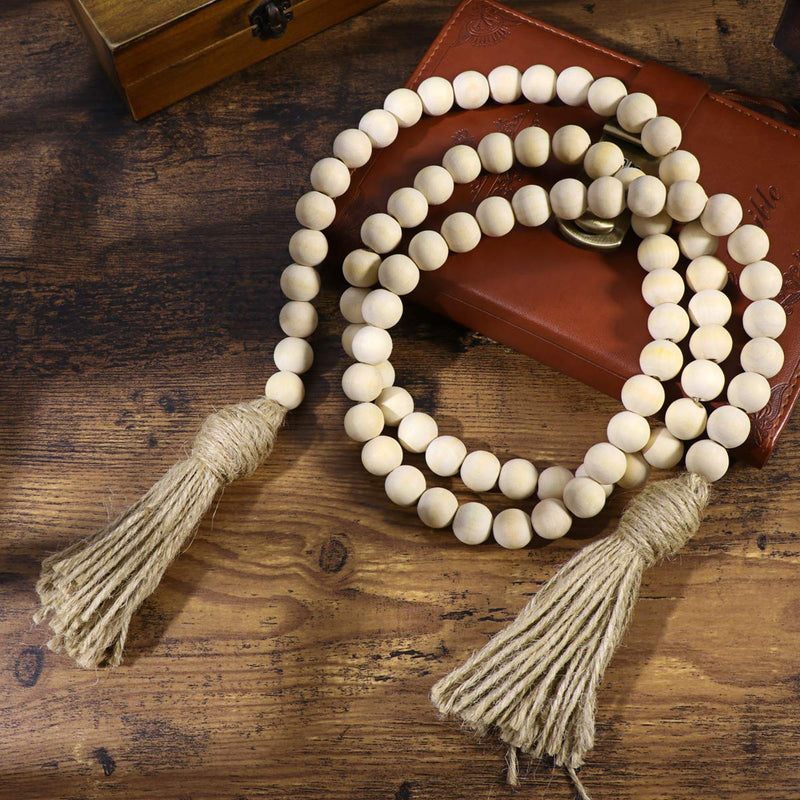  [AUSTRALIA] - LIOOBO Vintage Wood Bead Garland with Tassels Farmhouse Beads Rustic Country Decor
