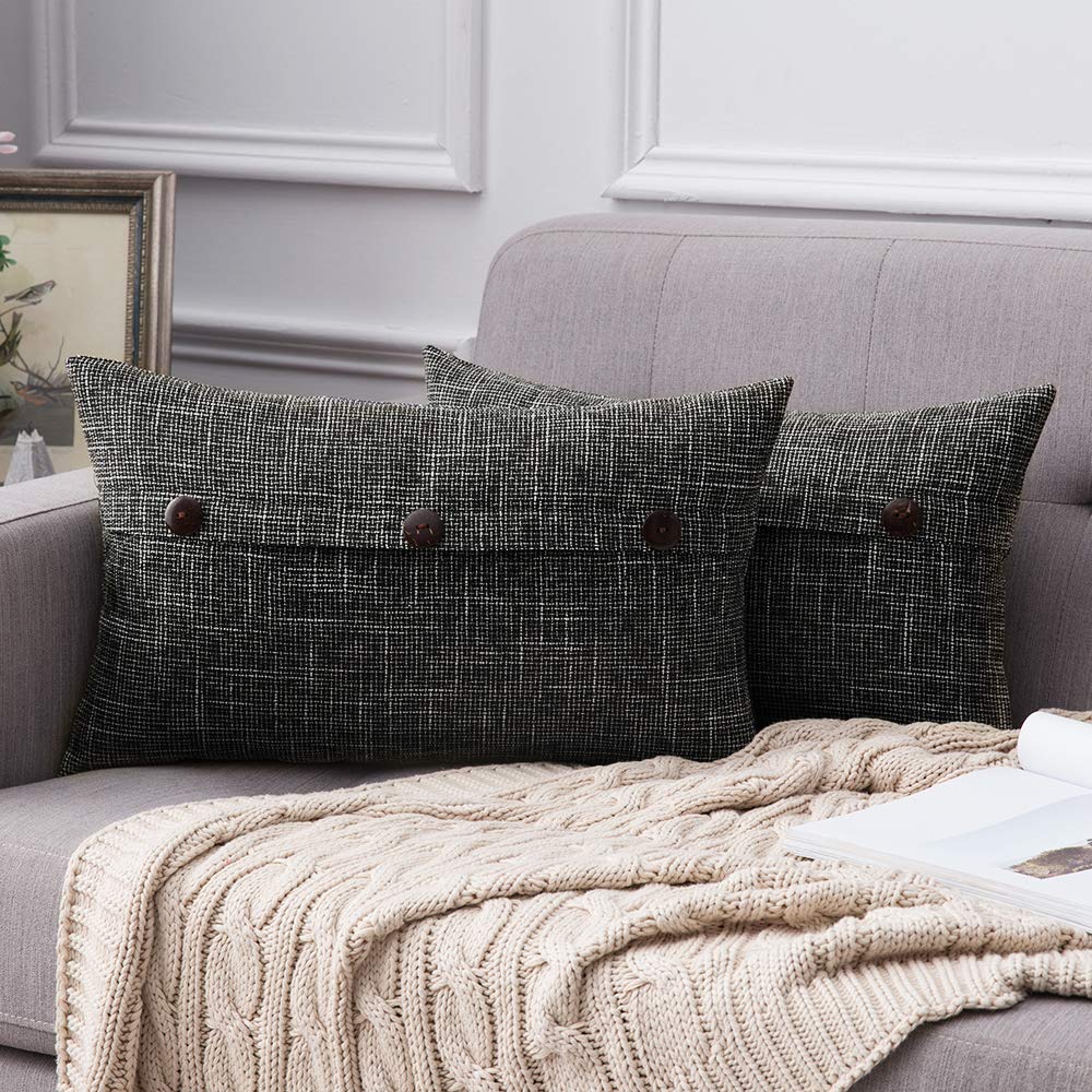  [AUSTRALIA] - MIULEE Set of 2 Decorative Linen Throw Pillow Covers Cushion Case Triple Button Vintage Farmhouse Pillowcase for Couch Sofa Bed 12 x 20 Inch 30 x 50 cm Black 12''x20''