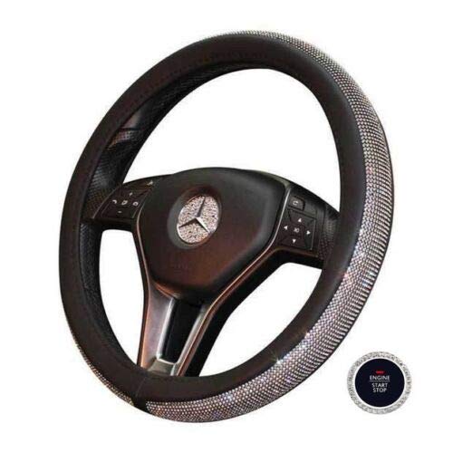  [AUSTRALIA] - BLVD-LPF OBEY YOUR LUXURY Steering Wheel Cover | Universal Crystal Bling Ring for Auto Start Engine Ignition Button Key | Made of Pu Leather Black Color BLACK LEATHER CLEAR CRYSTALS