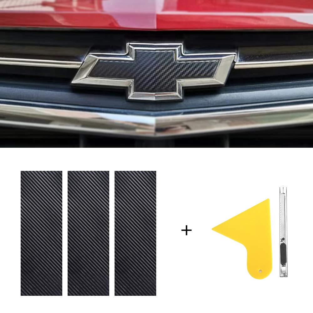  [AUSTRALIA] - QianBao Carbon Fiber Vinyl Wrap 11.8" x 4" Chevy Bowtie Emblem Wrap Kit with Spatula and Cutter 3 Pcs Universal Logo Overlay Black (3)