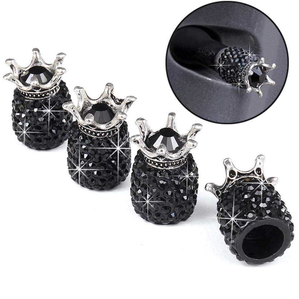 Valve Stem Caps, 4 Pack Handmade Crystal Rhinestone Universal Car Tire Valve Caps Chrome,Attractive Dustproof Bling Car Accessories - Black Diamond Crown - LeoForward Australia