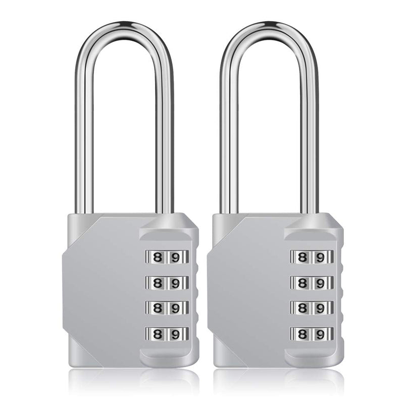  [AUSTRALIA] - ZHEGE Long Shackle Padlock 2 Pack, 4 Digit Combination Lock, Resettable Weatherproof Combo Lock for School, Gym, Employee Locker, Outdoor, Fence SliverL2