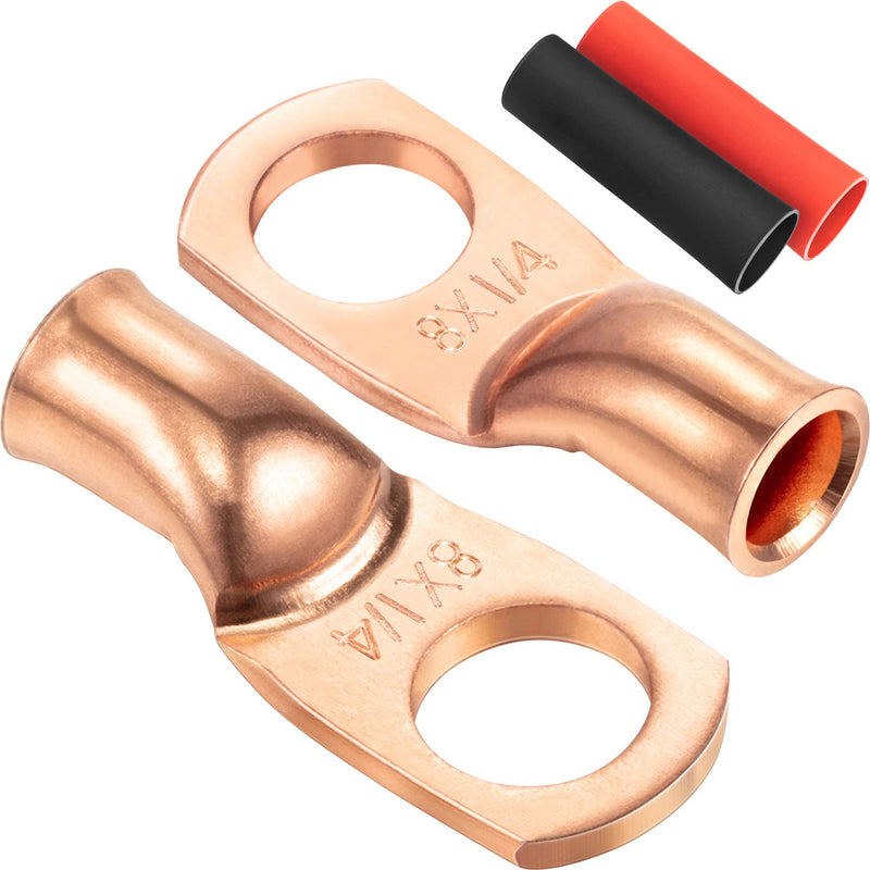  [AUSTRALIA] - 10 Pack UL Wire Lugs 8 Gauge 8 AWG 1/4 Inch Stud Ring terminals Heavy Duty Copper Crimp Lugs Welding Cable Bare Copper Eyelet Lug with Heat Shrink Black, Red (8 AWG 1/4 Ring) 8 AWG 1/4 Ring