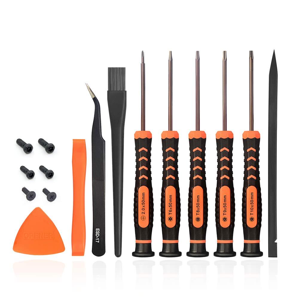  [AUSTRALIA] - TECKMAN T6 T8 T9 T10 Torx Security Screwdriver Set, Repair Kit for Xbox one Xbox 360 PS3 PS4 Controller Disassembly and Cleaning with Anti-static Brush, Tweezer, Spare Screws and Opening Pry Tools