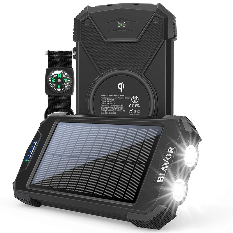  [AUSTRALIA] - Solar Charger Power Bank, Qi Wireless Charger 10,000mAh External Battery Pack Type C Input Port Dual Flashlight, Compass, Solar Panel Charging (Black) Black