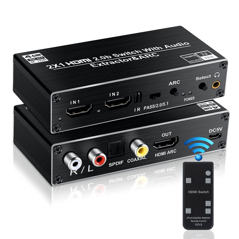  [AUSTRALIA] - avedio links HDMI Switch Audio Extractor, HDMI Switch Splitter 2 Inputs 1 Output with Remote 4K@60hz, 2-Port HDMI2.0b Switcher Box with Optical Toslink SPDIF+Coaxial+Analog RCA Stereo Audio Out
