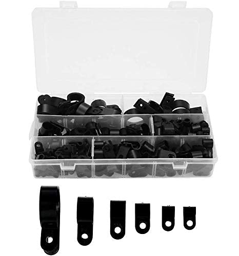  [AUSTRALIA] - QLOUNI 200Pcs Nylon R-Type Cable Clamp Clips Assortment Kit, 6 Sizes 3/16'' 1/4'' 3/8'' 1/2'' 3/4'' 1'' Black Plastic Screw Mounting Cord Fastener Clips for Wire, Cable, Conduit and Cable Conduit