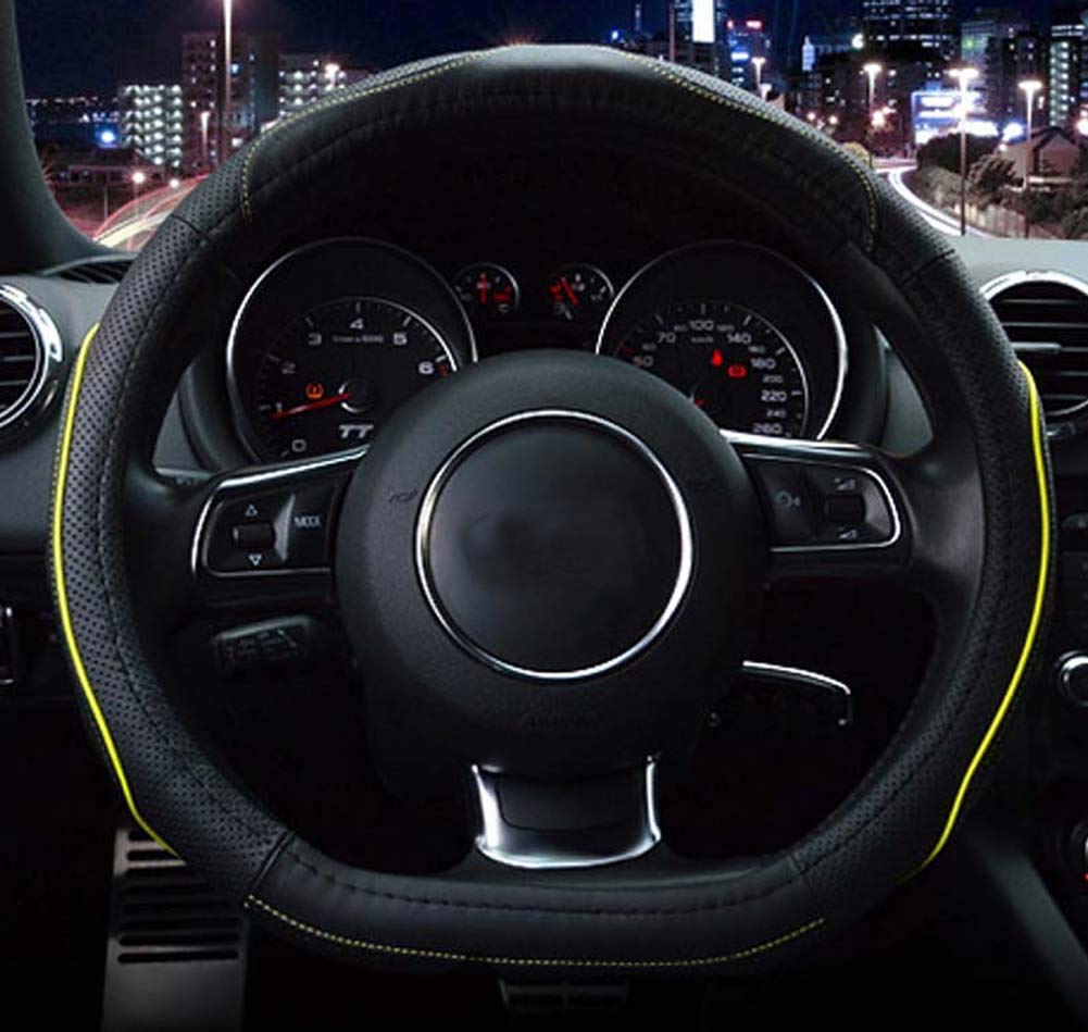  [AUSTRALIA] - Amuahua D-Shaped Genuine leather Car Steering Wheel Cover Universal 15 inch/38CM Breathable for Auto/Truck/SUV/Van (black yellow Line) black yellow Line