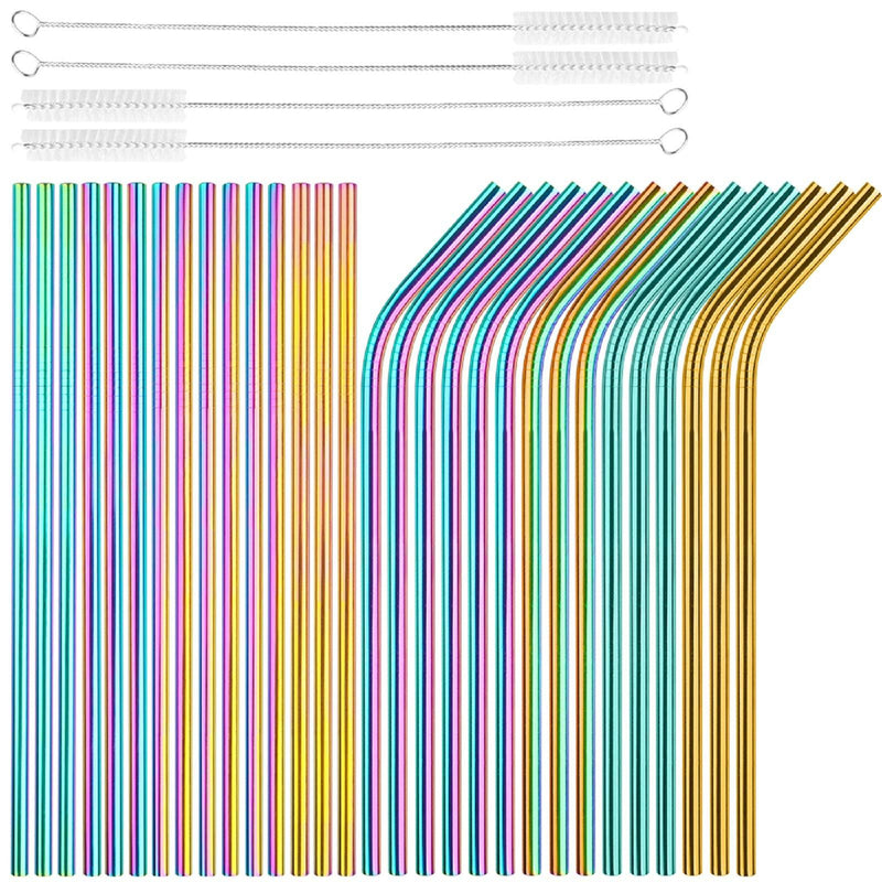  [AUSTRALIA] - [30 PCS] Value Pack Metallic Reusable Stainless Steel Straws Combinations, Tomorotec Home Metal Straw Sets with Cleaning Brushes, 15 Straight 15 Bent For Tumblers Beverage Drinks Cocktail (Colorful)