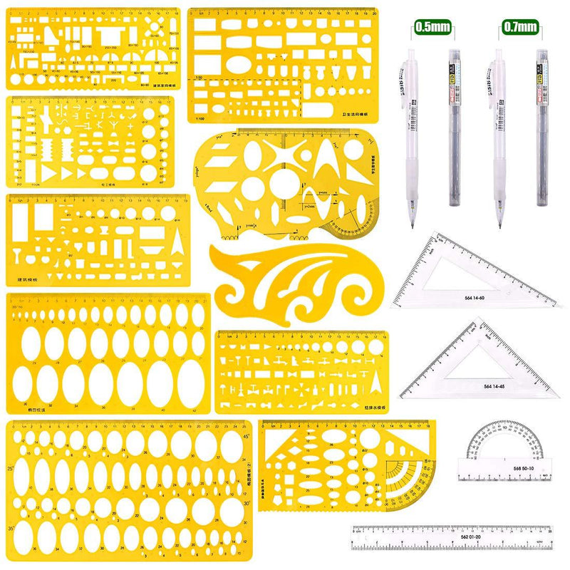 Keadic 15 Pieces Curve and Template Ruler Kit Protractor，Circle Template, French Curve Ruler and Mechanical Pencil for Drafting Illustrations Architecture & School Work - LeoForward Australia