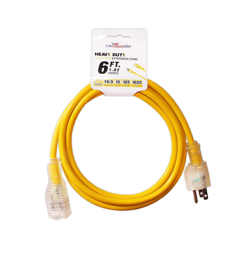  [AUSTRALIA] - 6 ft Extension Cord 16/3 SJTW with Lighted end - Yellow - Indoor / Outdoor Heavy Duty Extra Durability 13 AMP 125 Volts 1625 Watts by LifeSupplyUSA