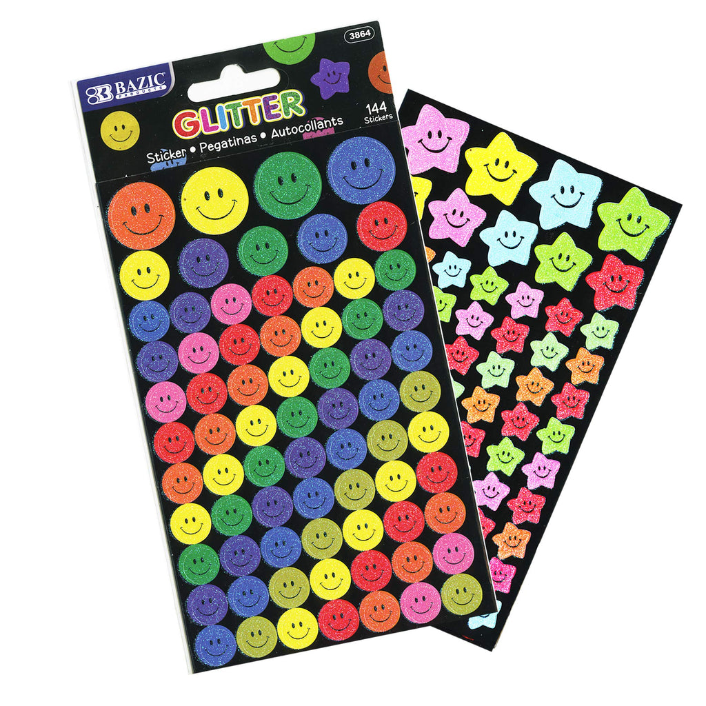  [AUSTRALIA] - BAZIC Glitter Reward Sticker 144 Counts, Smile Face Kids Class Motivation Incentive Gift, Round Stars Colorful, Teacher Supplies, 1-Pack