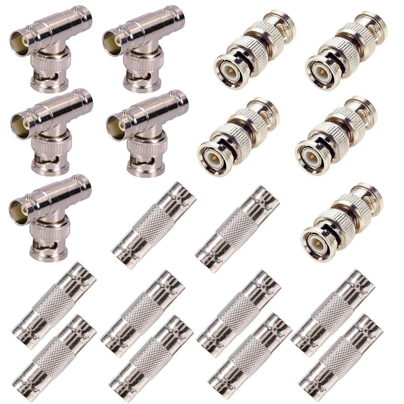  [AUSTRALIA] - BeElion 20-Pack BNC Male/Female to Male/Female Straight/T-Shape Connectors Kit, 5PCS M/M 10PCS F/F 5PCS 1M/2F BNC Coaxial Coupler Adapter Connectors for CCTV Camera Survelliance System
