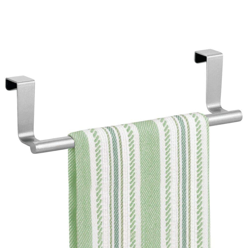  [AUSTRALIA] - mDesign Decorative Metal Kitchen Over Cabinet Towel Bar - Hang on Inside or Outside of Doors, Storage and Display Rack for Hand, Dish, and Tea Towels - 9.8 Inches Wide - Chrome