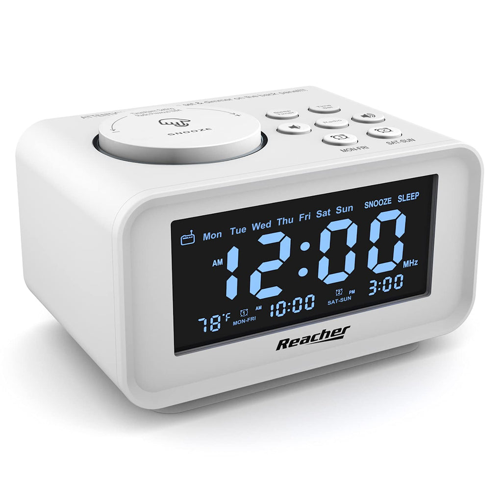 REACHER Small Digital Alarm Clock Radio with 2 USB Charging Ports, 0-100% Dimmer, Weekday/Weekend, Thermometer, 6 Adjustable Volume Sounds, Sleep Timer, AC Powered, Battery Backup for Bedroom(White) - LeoForward Australia