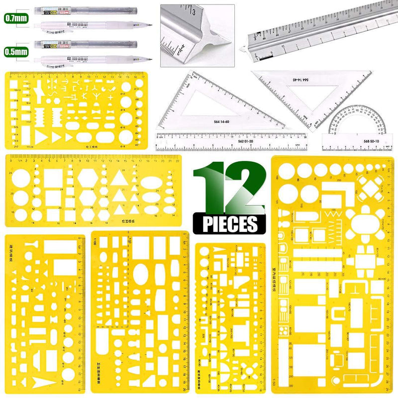Keadic 12 Pieces Plastic Drawing Template Ruler Kit with Aluminum Architect Scale, Measuring Templates Building Geometric Drawing Rulers for Drafting Illustrations Architecture & School Work - LeoForward Australia