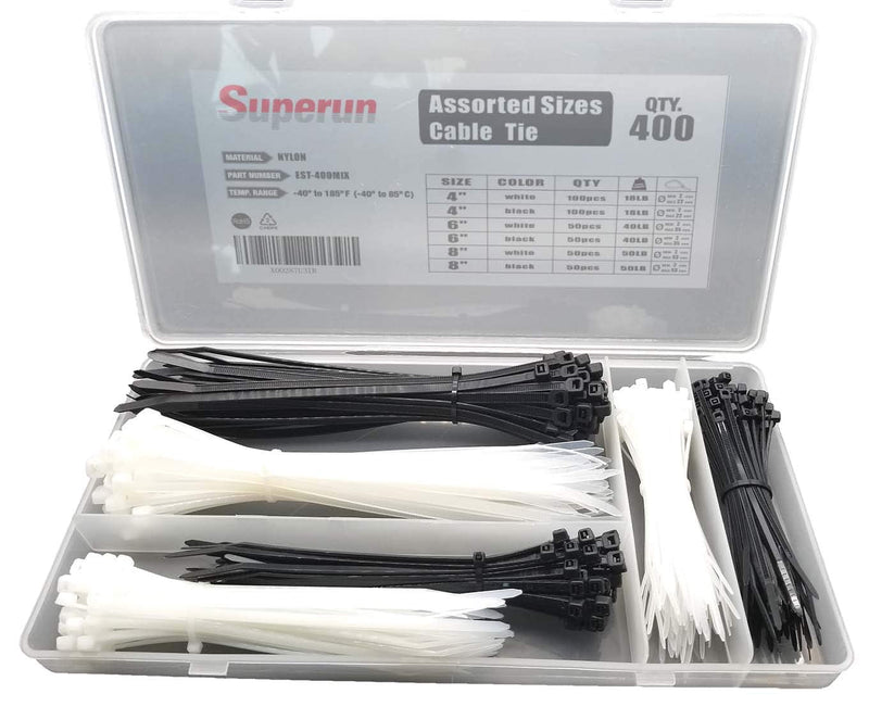  [AUSTRALIA] - Superun Zip Tie Kit - 400 Piece Zip Ties Assorted Sizes 4 Inch, 6 Inch, 8 Inch Mix Pack in Black & White Wire Ties assortment