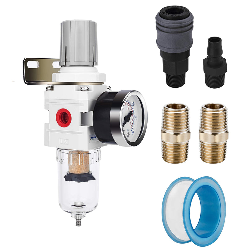  [AUSTRALIA] - NANPU 1/4" NPT Compressed Air Filter Regulator Combo Piggyback, 5 Micron Brass Element, Poly Bowl, Semi-Auto Drain, Metal Bracket, 0-150 psi Gauge