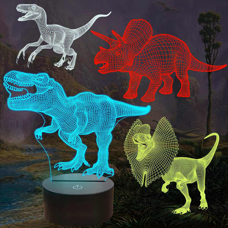  [AUSTRALIA] - FULLOSUN Dinosaur Gifts, T-rex Dinosaur 3D Night Light for Kids (4 Patterns) with Remote Control & 16 Colors Changing & Dimmable Function & Gift Wrap, Xmas Birthday Gifts for Boy Girl