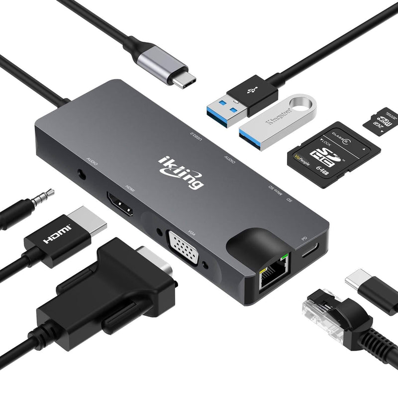  [AUSTRALIA] - USB C Hub, 3-in-1 USB C Adapter with 4K USB C to HDMI,VGA, USB C Charging, 2 USB 3.0, SD/TF Card Reader, USB C to 3.5mm, Gigabit Ethernet, USB C Dock Compatible Apple MacBook Pro 13/15 (Thunderbolt 3)