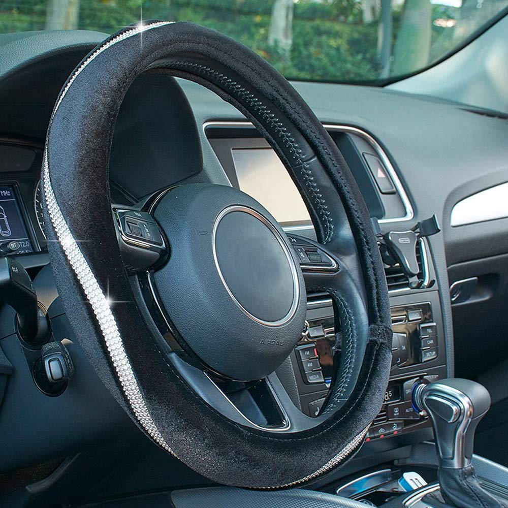  [AUSTRALIA] - ATMOMO Velvet Car Steering Wheel Cover Anti-Slip Steering Wheel Protector with Bling Crystal Diamond Strip Fit 15 Inch (White) White Diamond