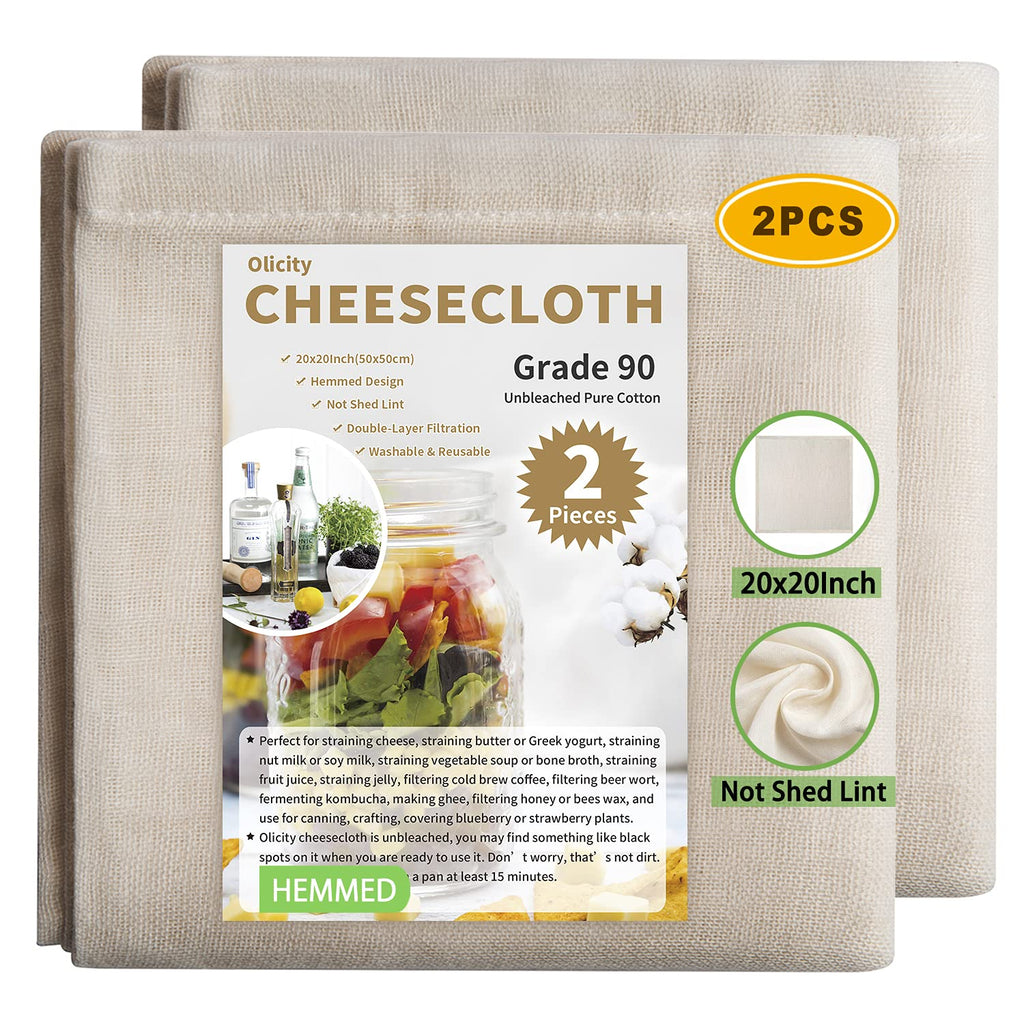 Olicity Cheesecloth, Grade 90, 20x20Inch, Double-Layer 100% Unbleached Pure Cotton Muslin Cloth for Straining, Reusable Hemmed Cheese Cloths Filter Strainer for Cooking, Nut Milk Strain - 2 Pieces 20x20inch 2Pieces - LeoForward Australia