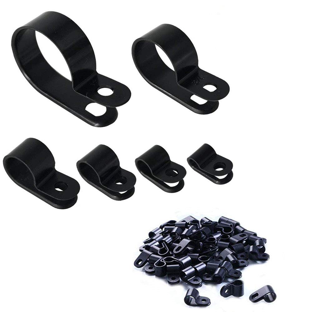  [AUSTRALIA] - 210 Pcs Plastic Cable Clamp Black Nylon Screws, Minelife R-Type Cable Wire Clip Clamp Fasteners 3/16" 1/4" 3/8" 1/2" 3/4" 1" for Wire Management