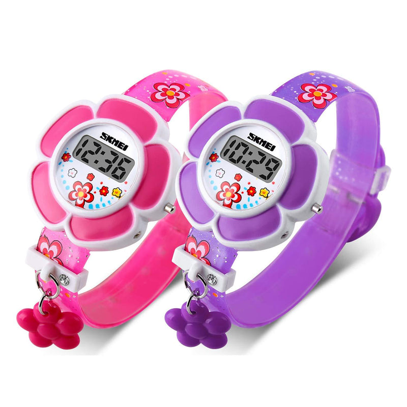 Kids Watch Girl Flower Shape Watch Novelty Cartoon Digital Watch 1144 (2 Pieces(Pink+Purple)) - LeoForward Australia