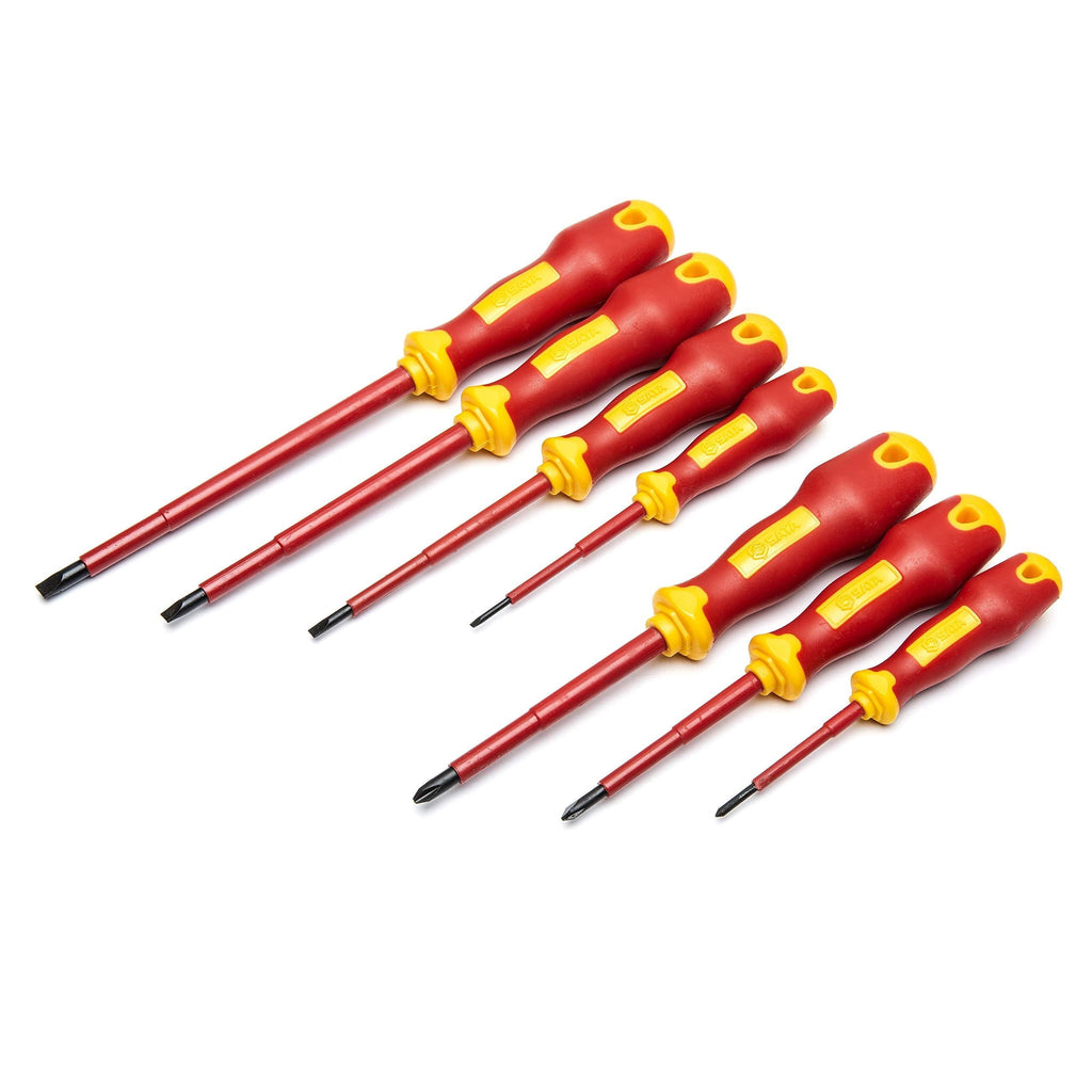 SATA 7-Piece VDE Insulated Electricians Screwdriver Set with Red and Yellow Handles and Alloy Steel Blades Tested to 10,000 Volts, ST09303 7 Piece Set - LeoForward Australia