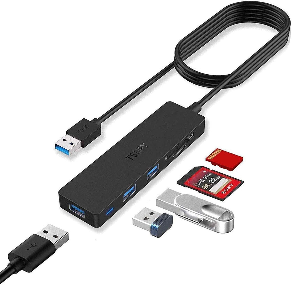 TSUPY USB 3.0 Hub Multi USB HUB with 4ft/48inch Extended Cable, SD/TF Card Reader & 3 USB 3.0 Ports Compatible for PC, Laptops, Surface Pro, MacBook, Mac Mini, iMac Pro - LeoForward Australia