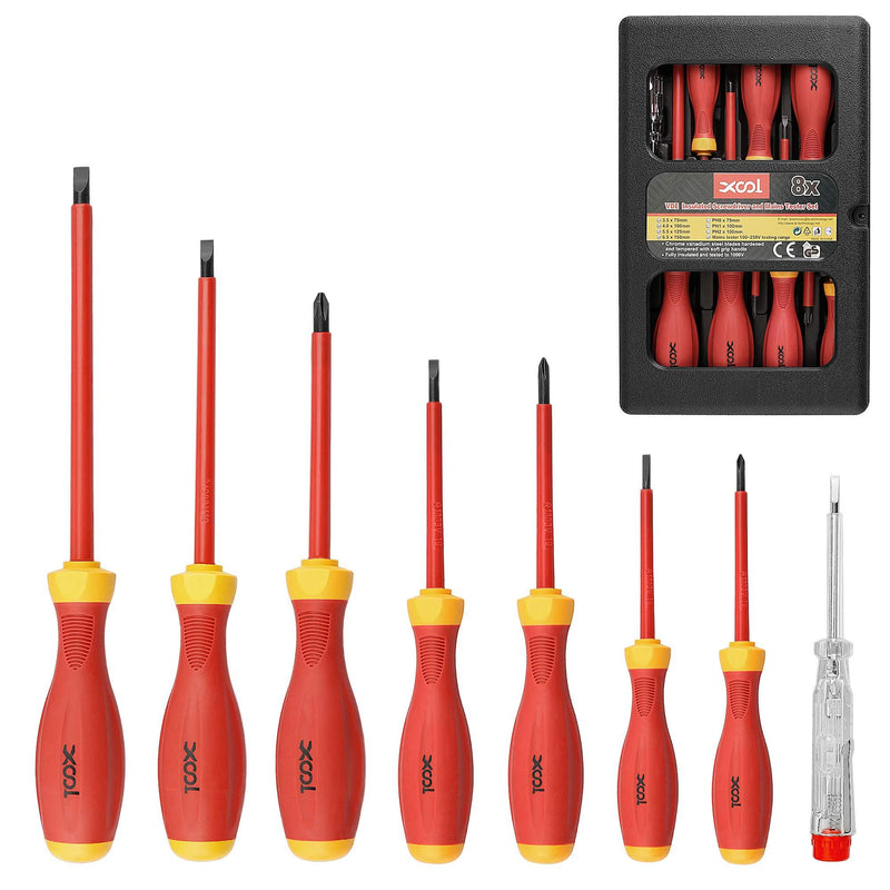  [AUSTRALIA] - XOOL 1000V Insulated Electrician Screwdrivers Set with Magnetic Tips, Slotted and Phillips Bits Non-Slip Grip, 8 Piece