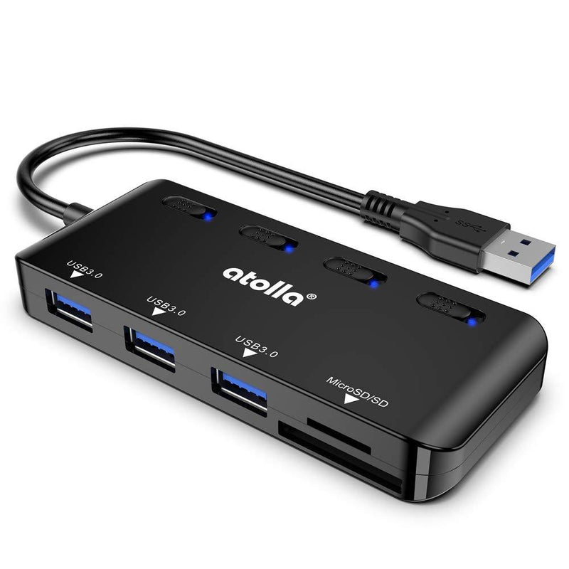 USB 3.0 HUB, atolla USB Hub with SD/Micro SD Card Reader, USB Splitter with 3 USB Ports, 2 Card Slots and Individual LED Power Switches Black - LeoForward Australia