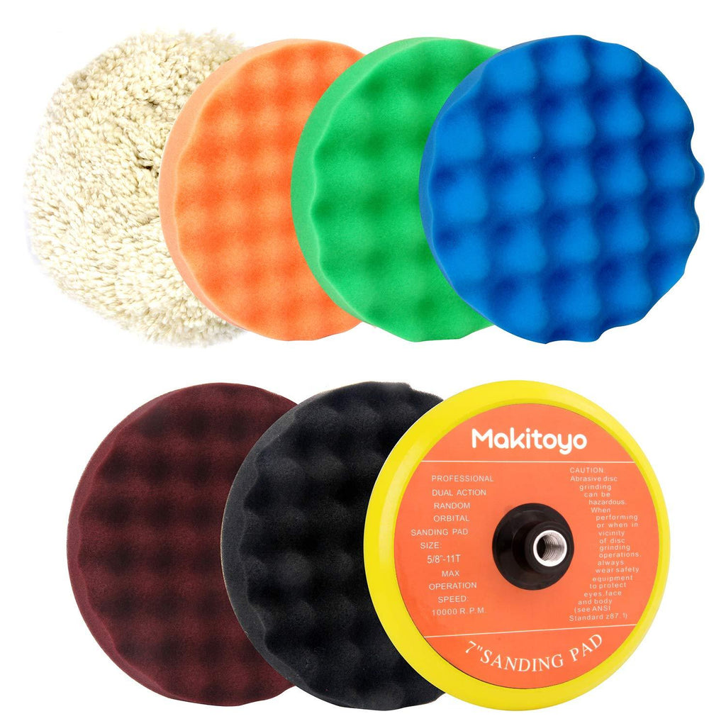  [AUSTRALIA] - Makitoyo Premium Quality 7-Inch Buffing and Polishing Pad Kit, 5pc of 7" Polishing Sponge Pad & 1 pc Wool Polishing Pads, 1pc Velcro Sanding Pad Kit-7pcs set