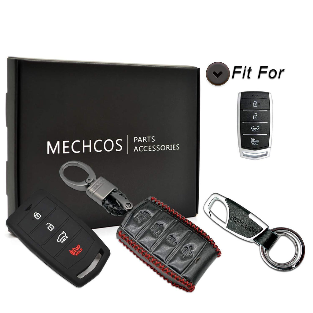  [AUSTRALIA] - MECHCOS Compatible with for 2019 2018 2017 Hyundai Genesis G80 G90 4 Buttons SY5HIFGEO4 Smart Leather Keyless Entry Remote Control Key Fob Cover Case Protector, Bonus: Silicone Case and Key Ring