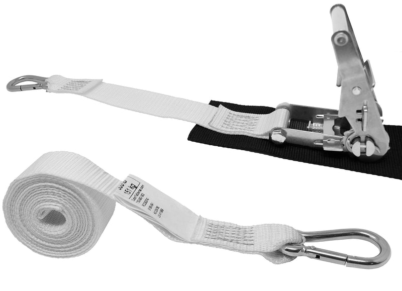  [AUSTRALIA] - CustomTieDowns 1.5 Inch Stainless Steel Ratchet Strap with Protective Pad Under Buckle, Stainless Steel Carabiner Clip with Grommet On Both Ends, Total Strap Length 10 Ft. White