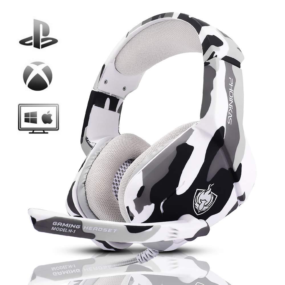  [AUSTRALIA] - Gaming Headset for PS4, Xbox One, PC, Laptop, Mac, Nintendo Switch, PHOINIKAS 3.5MM PS4 Headset with Mic, Over Ear Headset, Noise-Cancelling Headset, Bass Surround, LED Light, Comfort Earmuff - Camo 5.1 Surround White Camo