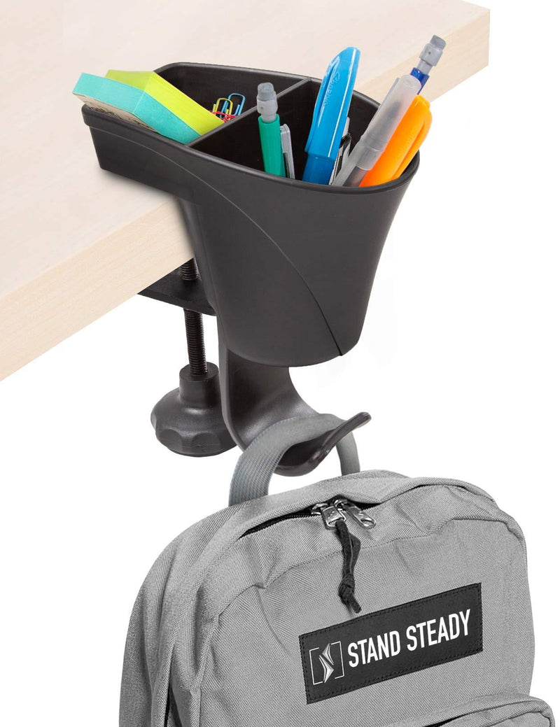 Stand Steady Pen Cup | Original 3-in-1 Desk Organizer | Free Up Desk Space with Clamp On Pen Holder & Bag Hook | No Drill Needed | Organize Pencils, Markers, Paper Clips & More (Black) Clamp-on Pen Cup - LeoForward Australia